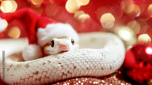 A cute white snake on Christmas and new year background. The Chinese calendar of 2025 year. New Year Background with the animal. 