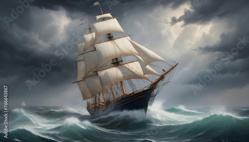 A Hyperrealistic Painting Of A Classic Sailing Shi