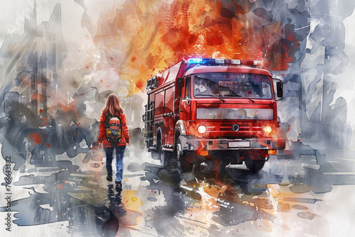 Firefighter woman walking near fire engine with red splash watercolor