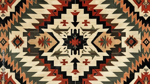 Authentic Native American Navajo rug with intricate geometric patterns and a warm, earthy color palette. photo