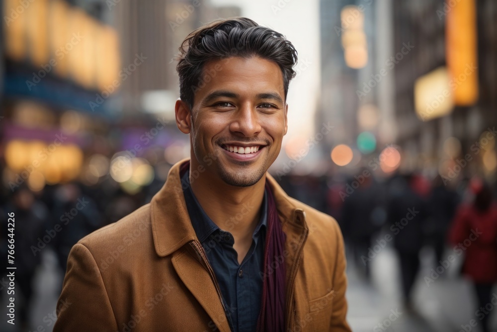 Smiling young man in a stylish coat on a busy city street. Smiling young man in a stylish coat on a busy city street.