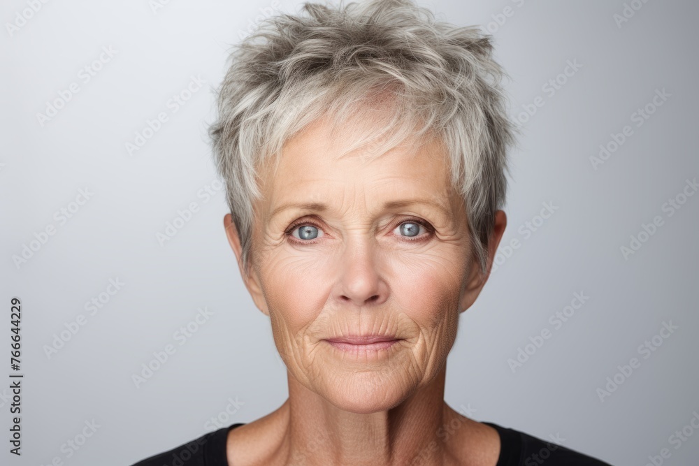 Portrait of senior woman with grey hair looking at camera, over grey background Portrait of senior woman with grey hair looking at camera, over grey background