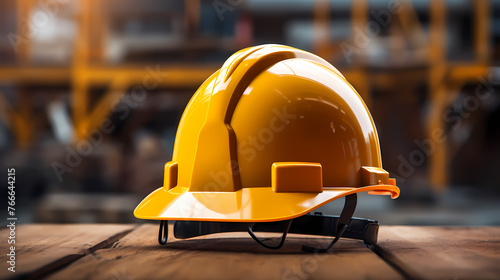 Construction site helmet and construction site background safety first concept