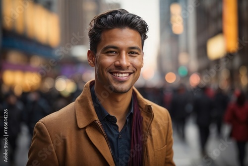 Smiling young man in a stylish coat on a busy city street. © Tanja