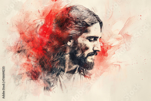 Red splash watercolor sketch painting of the face of Jesus Christ