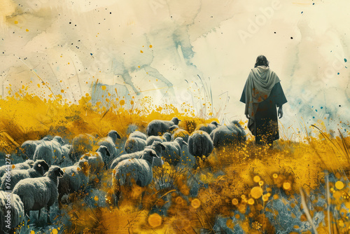 Yellow splash watercolor painting of Jesus Christ grazing sheep