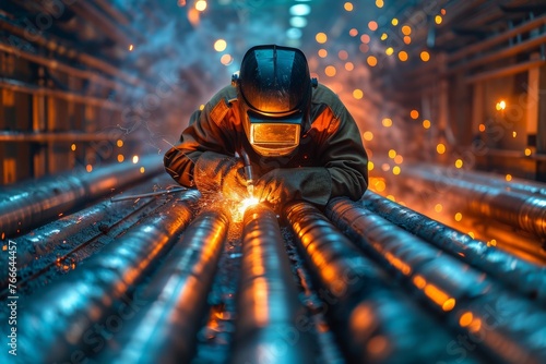 Welding technician performing pipe welding task with precision.