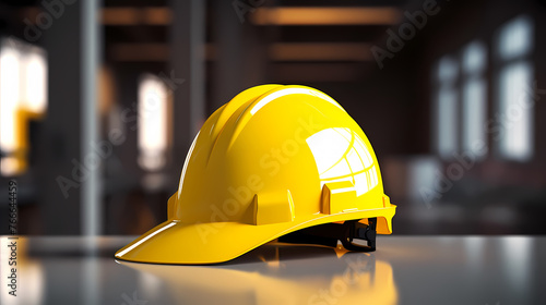 Construction site helmet and construction site background safety first concept