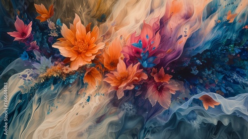 A vibrant abstract painting depicting a whimsical fusion of flowers and flowing colors, evoking a dreamlike sensation