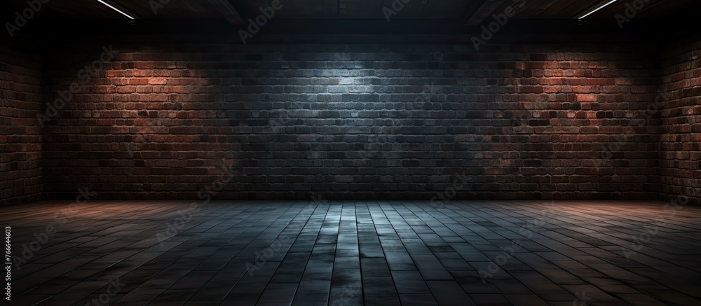 An indoor space characterized by dim lighting and brick walls, with an overhead light source casting illumination - obrazy, fototapety, plakaty 