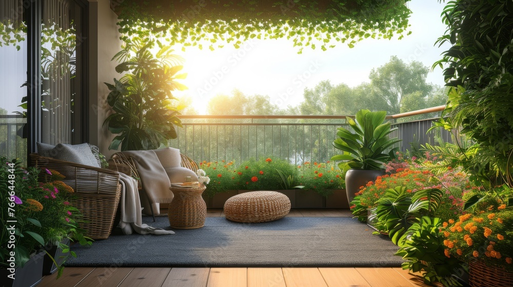 A tranquil balcony setting bathed in golden sunset light, featuring lush greenery and comfortable outdoor furniture A tranquil balcony setting bathed in golden sunset light, featuring lush greenery and comfortable outdoor furniture