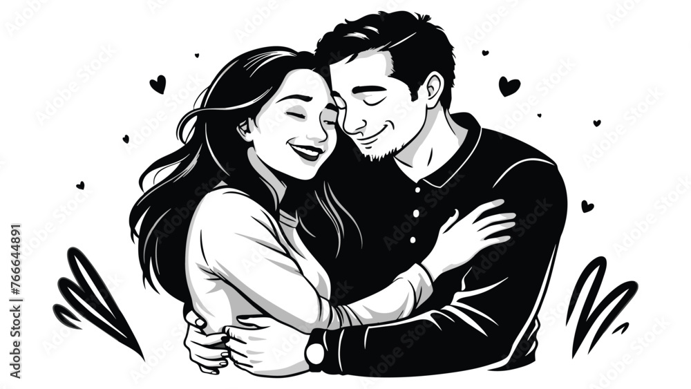 Happiness couple hug black and white illustration on white background