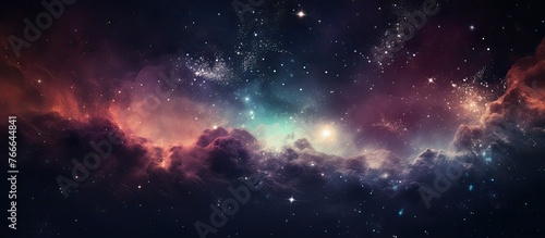 An illustration featuring a vibrant galaxy filled with stars and colorful nebulas in the background