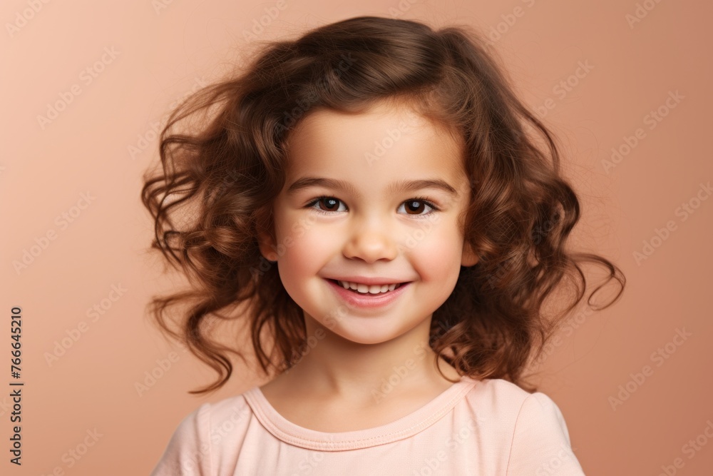 Portrait of a cute little girl with long curly hair on a pink background Portrait of a cute little girl with long curly hair on a pink background