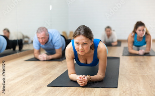 Positive concentrated sporty young woman doing bodyweight workout for core muscles in fitness studio, standing on forearms in plank pose