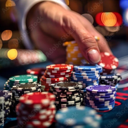 A gambler's hand hovers over a colorful stack of poker chips at a vibrant casino table, conveying a sense of risk and excitement