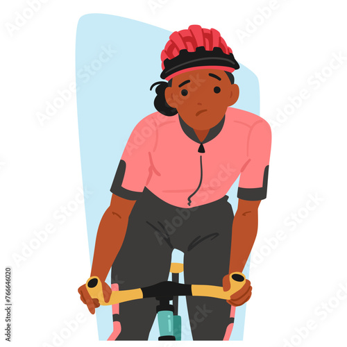 Athlete Female Character Racing. Sportswoman Cyclist, Brows Up And Lips Downturned, Pedals Fiercely, Vector Illustration