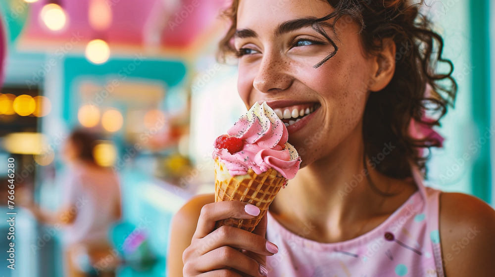 Beautiful young woman eating ice cream in a waffle cone