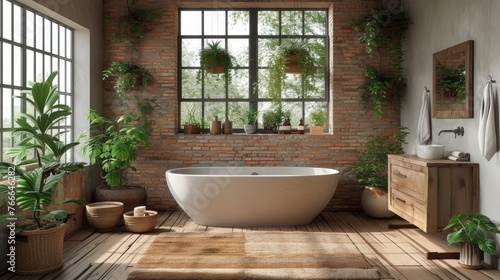 An elegant rustic bathroom featuring a freestanding tub and abundant greenery by a large window  offering a serene ambiance