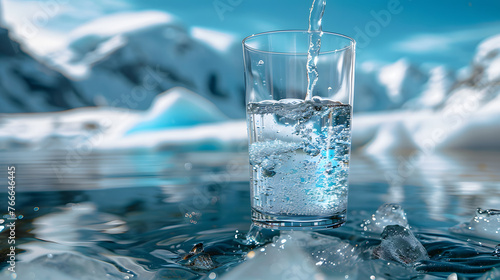A glass of pouring crystal mineral drinking aqua water on blurred nature, snow mountain landscape background. Organic pure fresh natural water. Healthy refreshing drink.