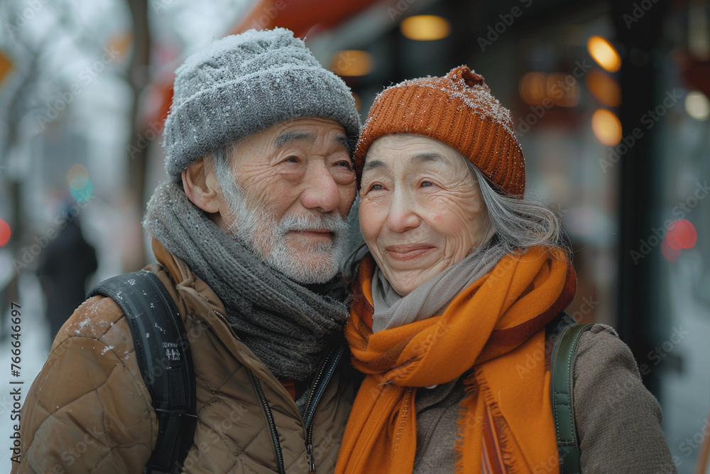 Senior elderly loving Asian couple very old man and old woman hugging walking. Faces covered wrinkles