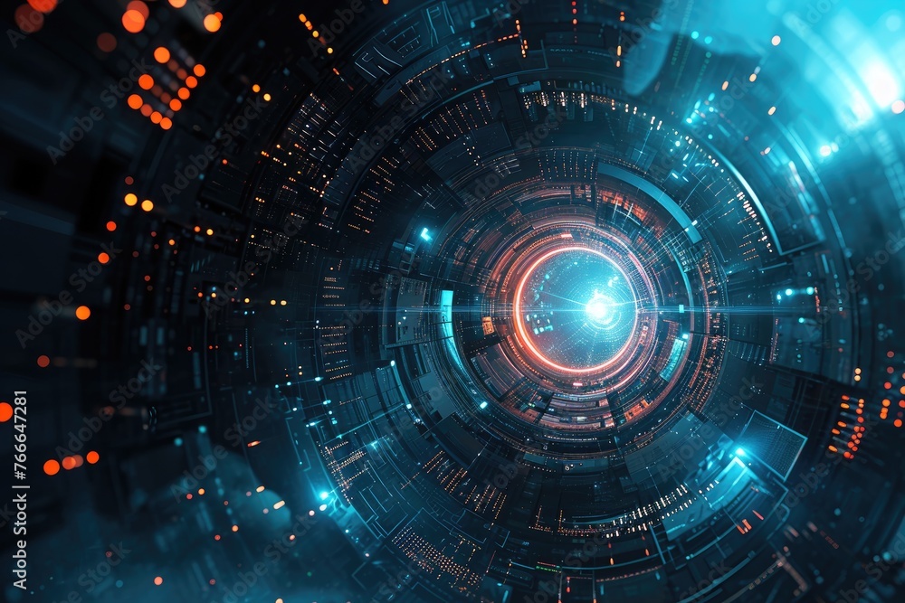 A sci-fi illustration portraying futuristic concepts and technology background, Illustration depicting futuristic concepts and technology in a sci-fi setting.