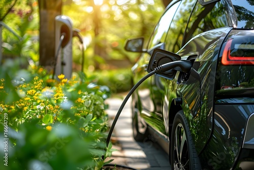Promoting Sustainable Transportation: Electric Car Charging at Station with Greenery in Background. Concept Environmental Impact, Electric Vehicles, Sustainable Lifestyle, Renewable Energy © Anastasiia