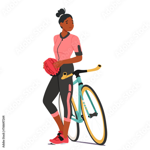 Confident Sportswoman Cyclist Female Character Stands, Exuding Determination Beside Her Sleek Bike, Ready To Conquer