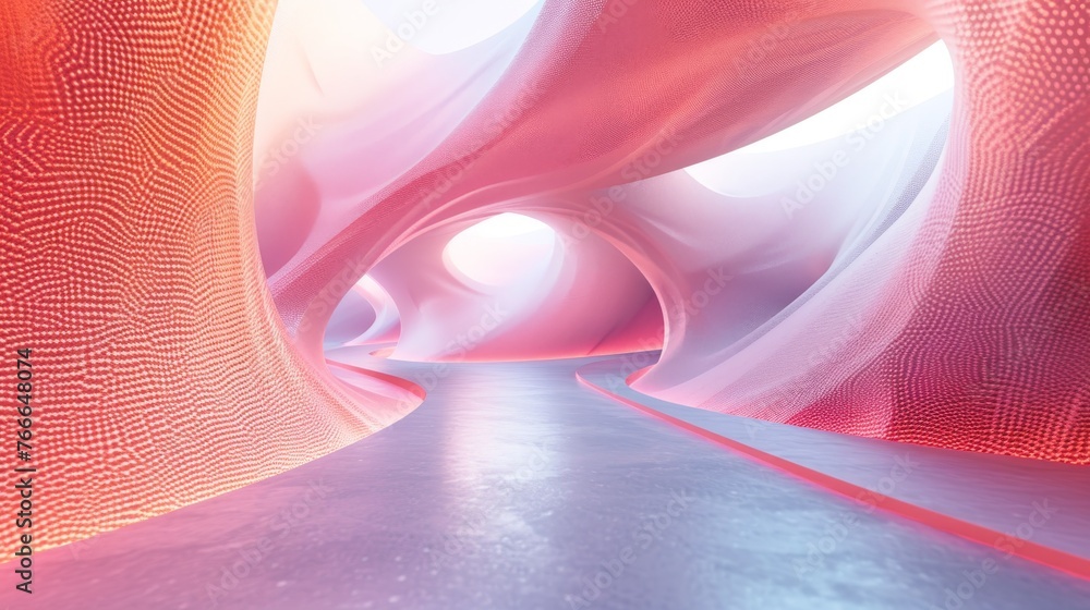 A vibrant digital illustration of a curvilinear red tunnel with a ...