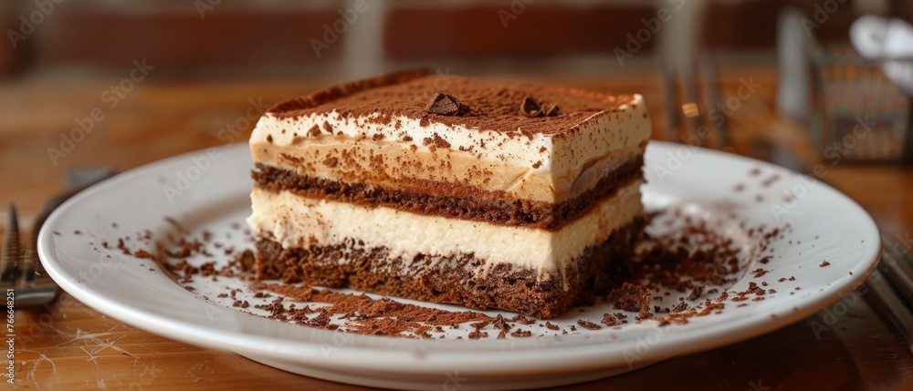 Tiramisu dessert on a white plate. Tiramisu dessert on a white plate.