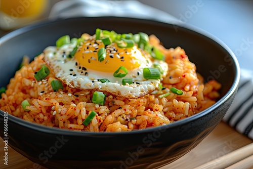 Spicy kimchi fried rice, a Korean comfort dish, Korean comfort dish featuring spicy kimchi fried rice.