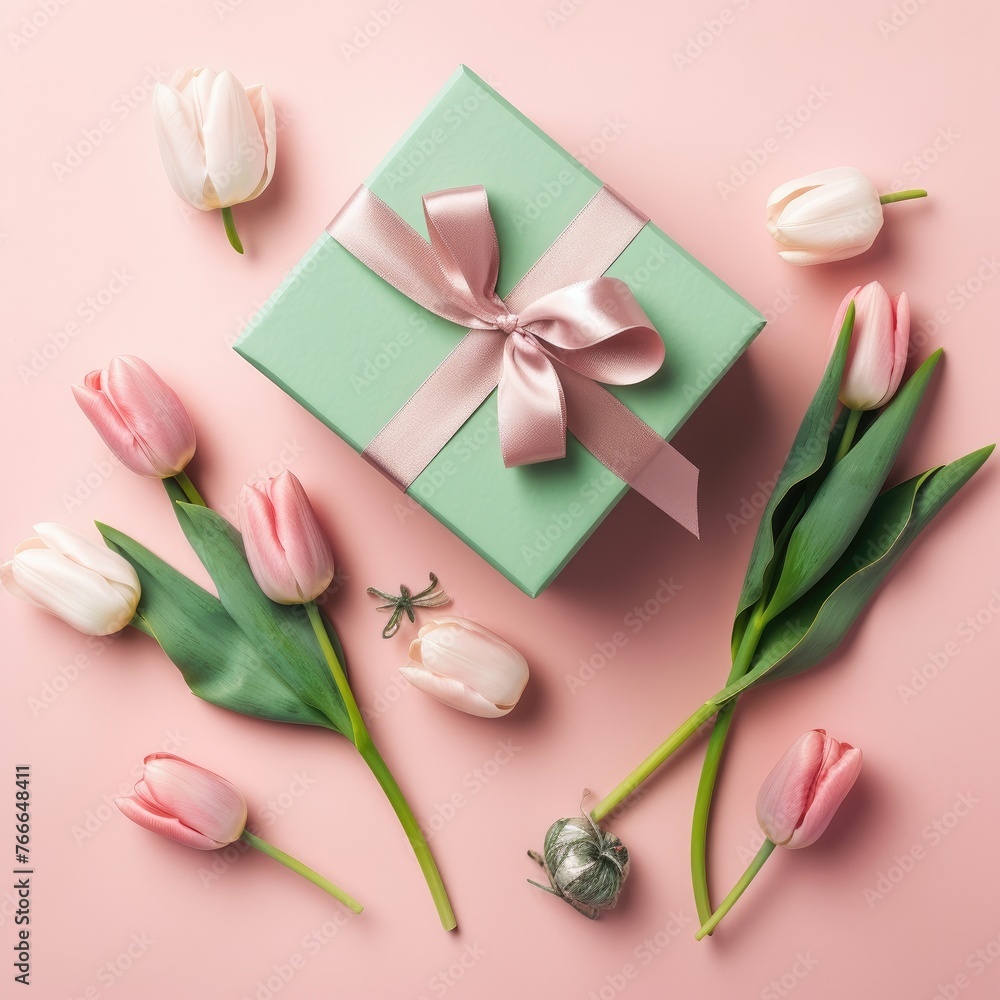Gift box with pink tulips and a bow on a pink background. Gift box with pink tulips and a bow on a pink background.