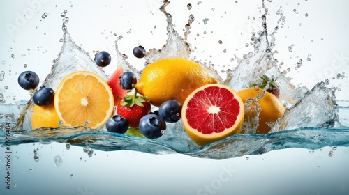 Fresh fruit splashing into the water.