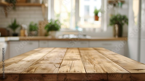 Empty Wooden Tabletop with Blurred Kitchen Background