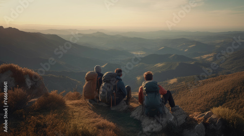 Three hikers sitting on top of a mountain at sunset - hiking.