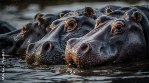 Group of hippopotamus in the water. © Tamazina