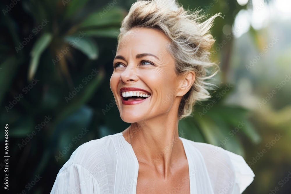 Portrait of beautiful mature woman with short hair smiling and looking away Portrait of beautiful mature woman with short hair smiling and looking away