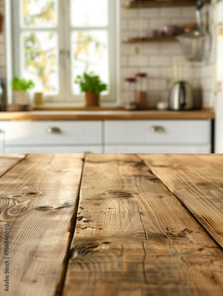 Empty Wooden Tabletop with Blurred Kitchen Background Empty Wooden Tabletop with Blurred Kitchen Background