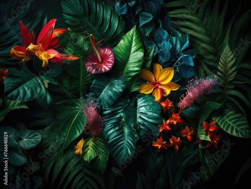 Tropical leaves and flowers on a dark background.