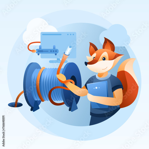 Fiber Optic Cable Installation Illustration - Network Infrastructure and Global Internet Connection, Fox