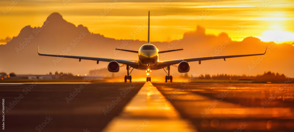A front landscape view of a corporate private jet is silhouetted against the sun at dawn or sunset, the warm orange, purple, pink and yellow tones of the sunset create a dramatic color palette. - obrazy, fototapety, plakaty 