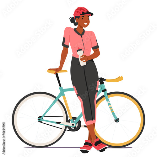 Serene Cyclist Female Character Stands Near The Bike With Water Bottle In Hand And Smile, Savors A Moment Of Repose