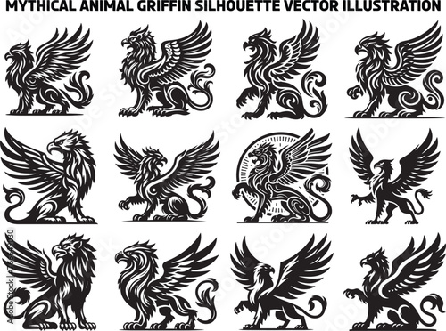 Mythic Bird Griffin Silhouette Vector Illustration Set