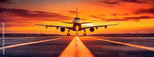 A panoramic image of a large private jet taking off is silhouetted against the sun at dawn or sunset, the warm orange, purple, pink and yellow tones of the sunset create a dramatic color palette. photo