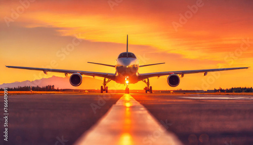 A landscape wide angle view private jet is silhouetted against the sun at dawn or sunset, the warm orange, purple, pink and yellow tones of the sunset create a dramatic color palette. photo