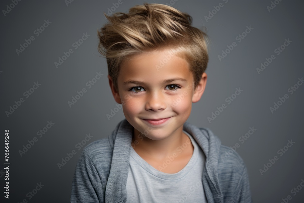 Portrait of a cute little boy with blond hair, over grey background. Portrait of a cute little boy with blond hair, over grey background.