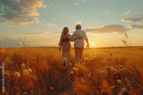 Senior elderly loving couple very old man and old woman hugging walking running across a field at sunset. 