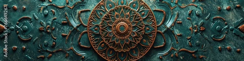 a stunning mandala against a mint green surface, highlighting the intricate details and refreshing colors in stunning high-definition. photo