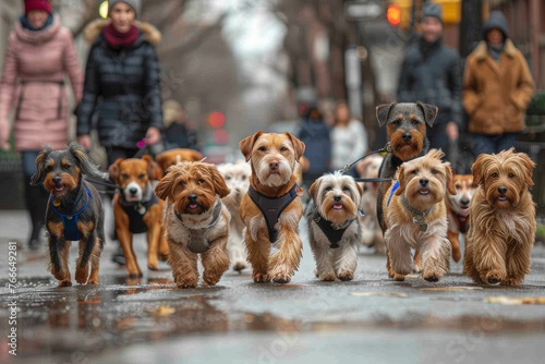 Diverse dog pack: Walking together through urban streets with professional guidance