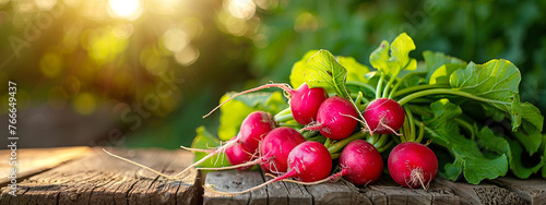 radish on a wooden table on a garden background